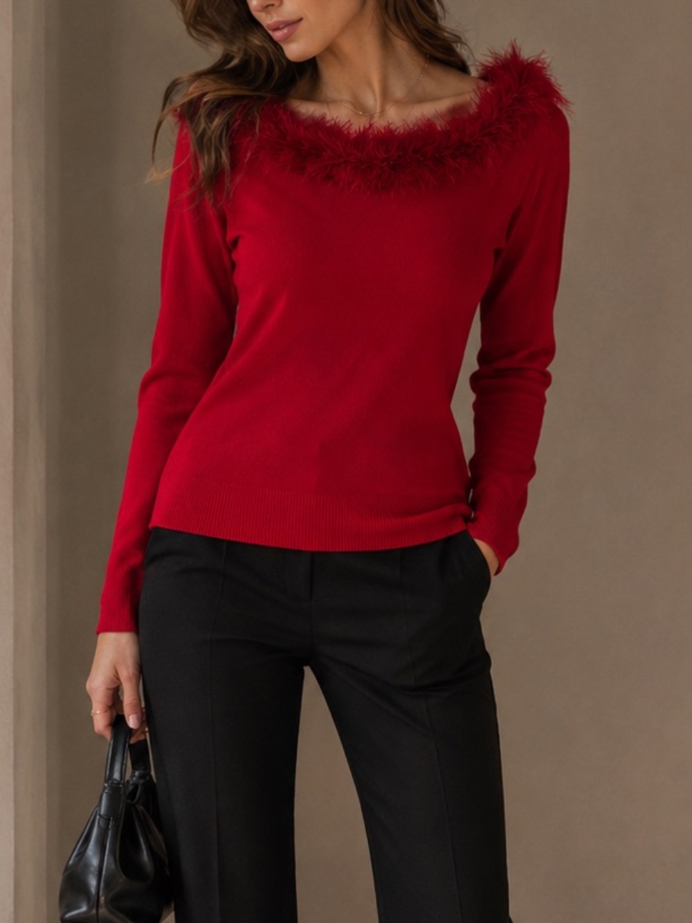 Y2K BCBGMAXAZRIA Red Feather Trim Fitted Sweater Size L Holiday Party Glam